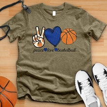 Load image into Gallery viewer, Peace Love Basketball Blue Tee
