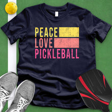 Load image into Gallery viewer, Peace Love Pickle Ball Pink And Yellow Tee
