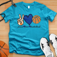 Load image into Gallery viewer, Peace Love Basketball Blue Tee
